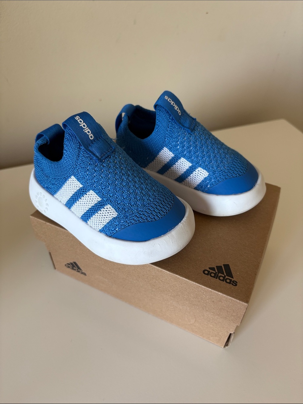 adidas Kids Bright Blue Slip-On Sneakers with White Stripes